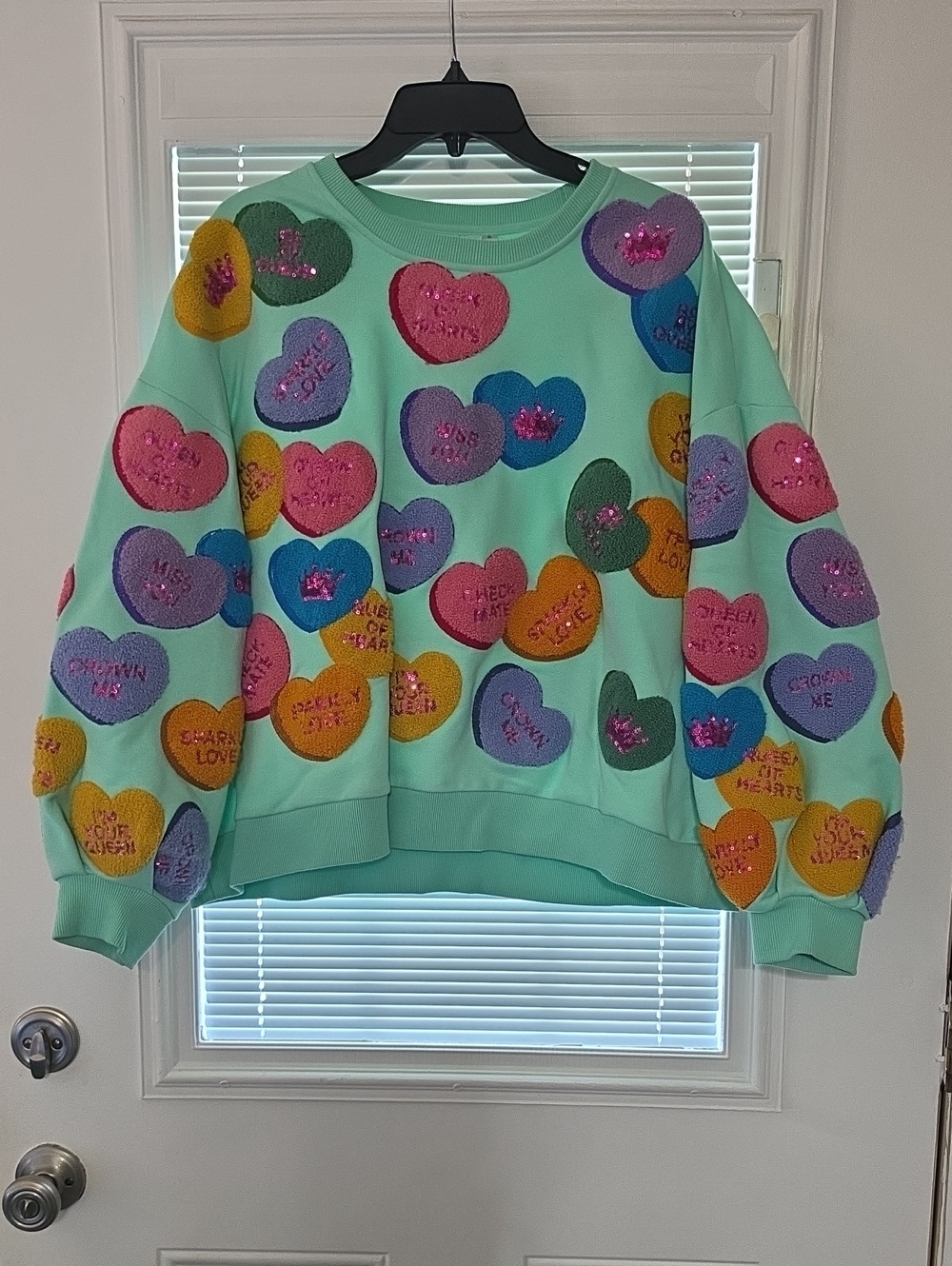 QUEEN OF SPARKLES Mint Green Crewneck Sweater with Multicolor Heart Appliqués